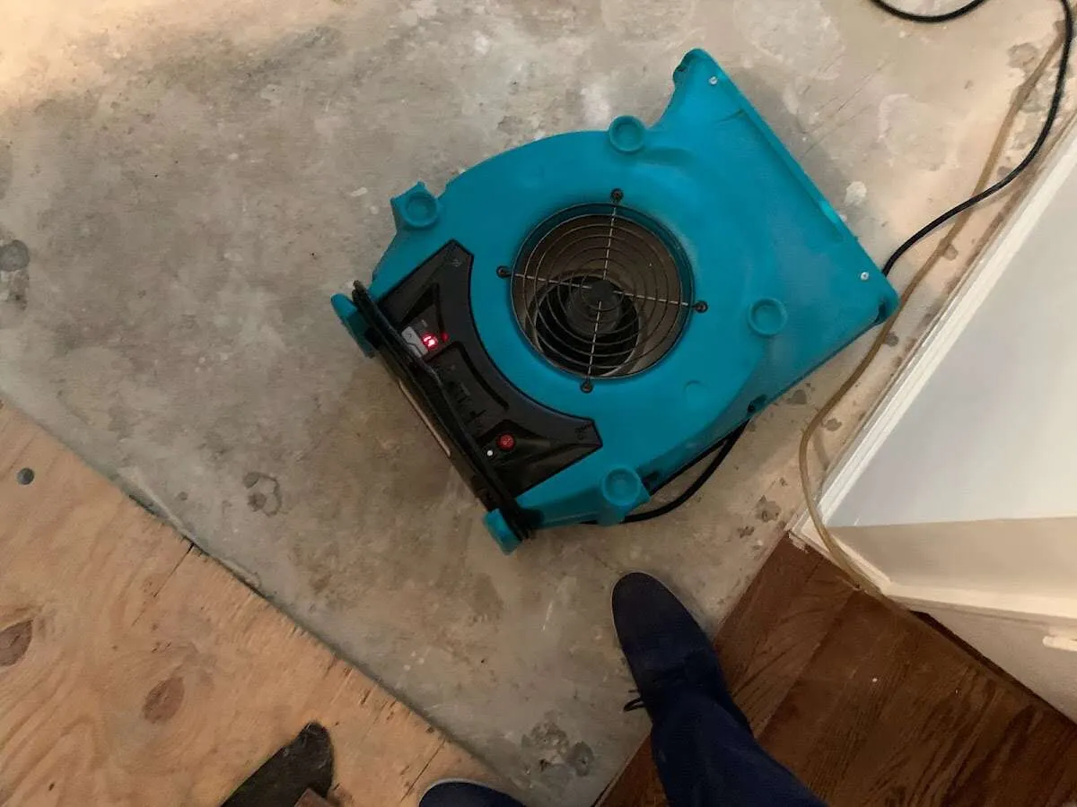 Air mover drying subfloor during Leak Detection & Repair in Mammoth Lakes