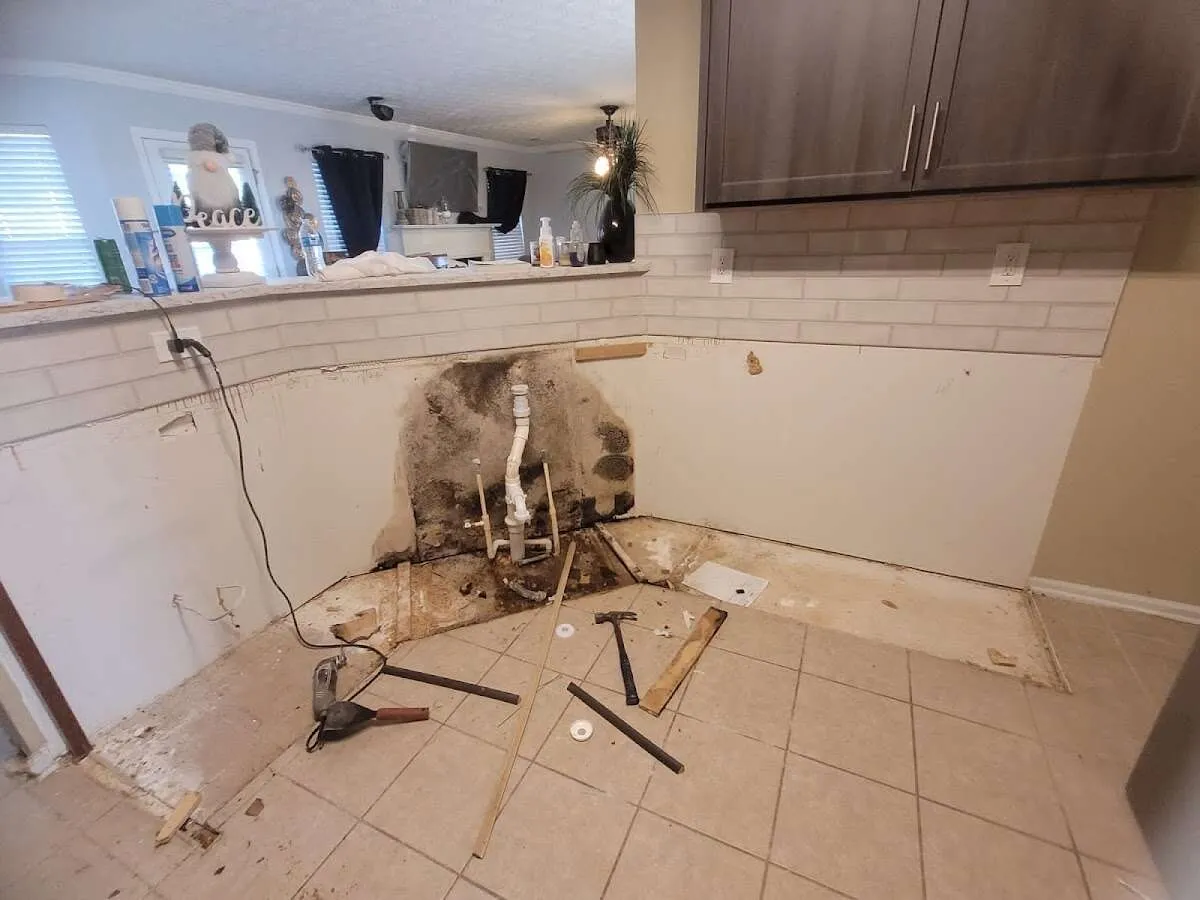 Mold behind wall with plumbing during Crawl Space Restoration in Mammoth Lakes